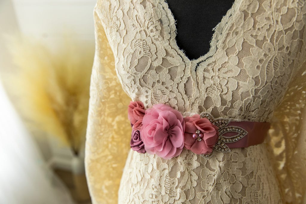 Cream Boho Dress with pink floral belt