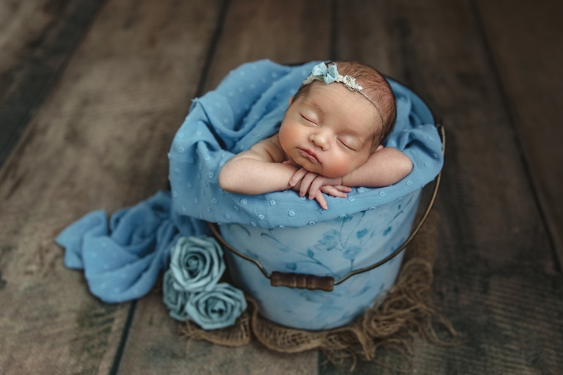 Newborn Photography, baby girl wrapped up in blue blanket in floral bucket