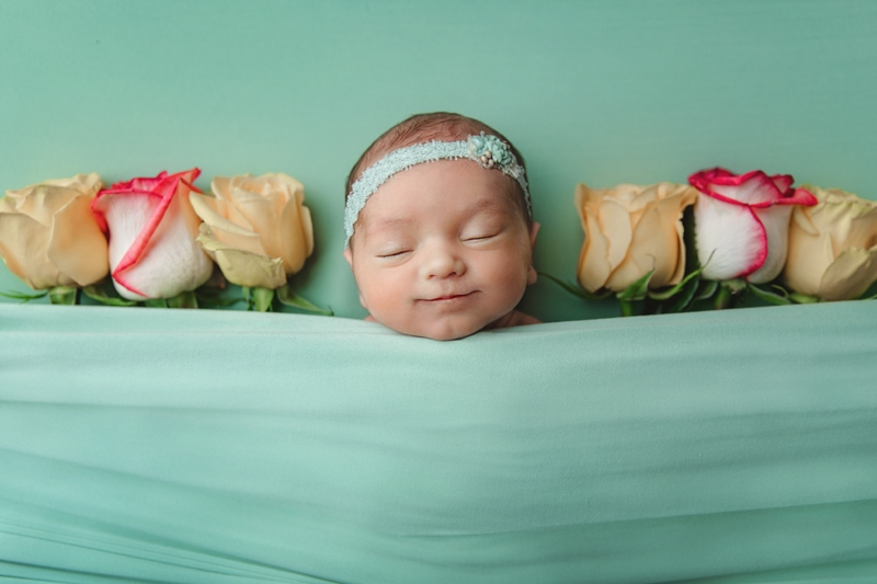 newborn photography,  baby girl with headband laying with roses